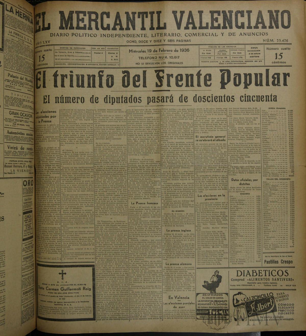 Portada de El Mercantil Valenciano, en la que se informaba de la victoria del Frente Popular.