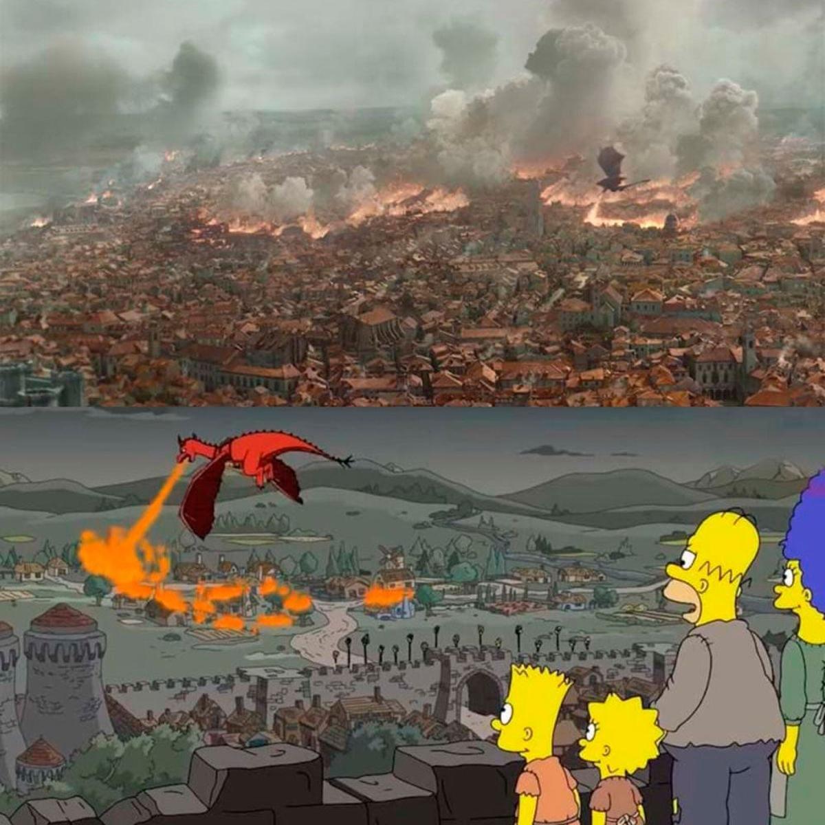 Bart, Lisa, Homer y Marge ven arder un poblado por el fuego de un dragón. ¿Tenían 'Juego de tronos' en mente?