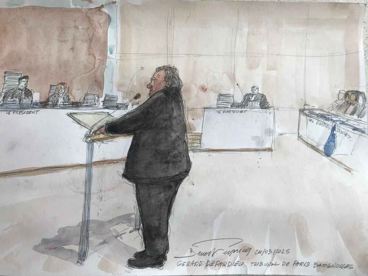 Sketch del interior de la corte parisina donde hoy ha empezado el juicio en el que se acusa a Gérard Depardieu.