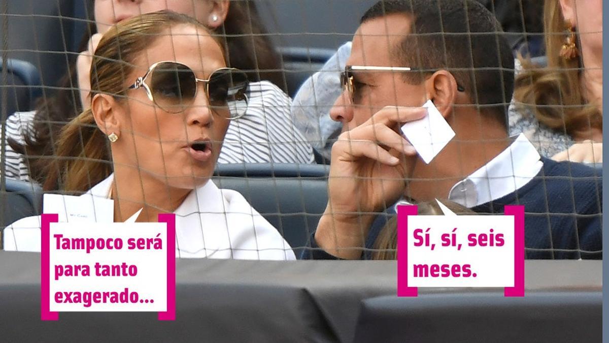 Jennifer Lopez con boca abierta y Alex Rodríguez viendo el béisbol