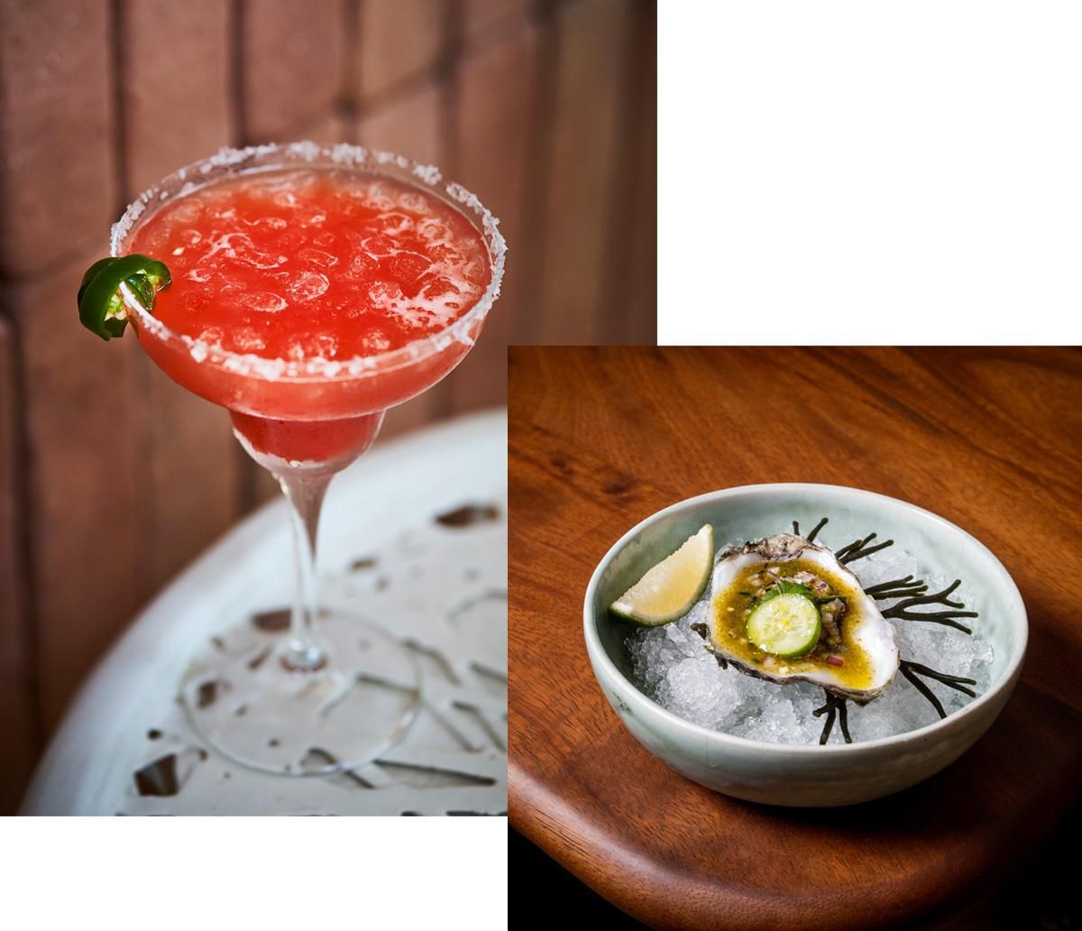 Restaurante Mantarraya MX: margarita y ostra con aguachile verde