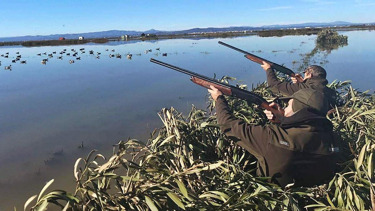 Dos cazadores disparan sus escopetas en el arrozal del parque natural de l’Albufera. | LEVANTE-EMV