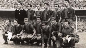 Una formación del Barça de H.H. con históricos pesos pesados del FC Barcelona: Ramallets, Olivella, Rodri, Gracia, Flotats, Segarra, Tejada, Kubala, Evaristo, Suárez y Czibor