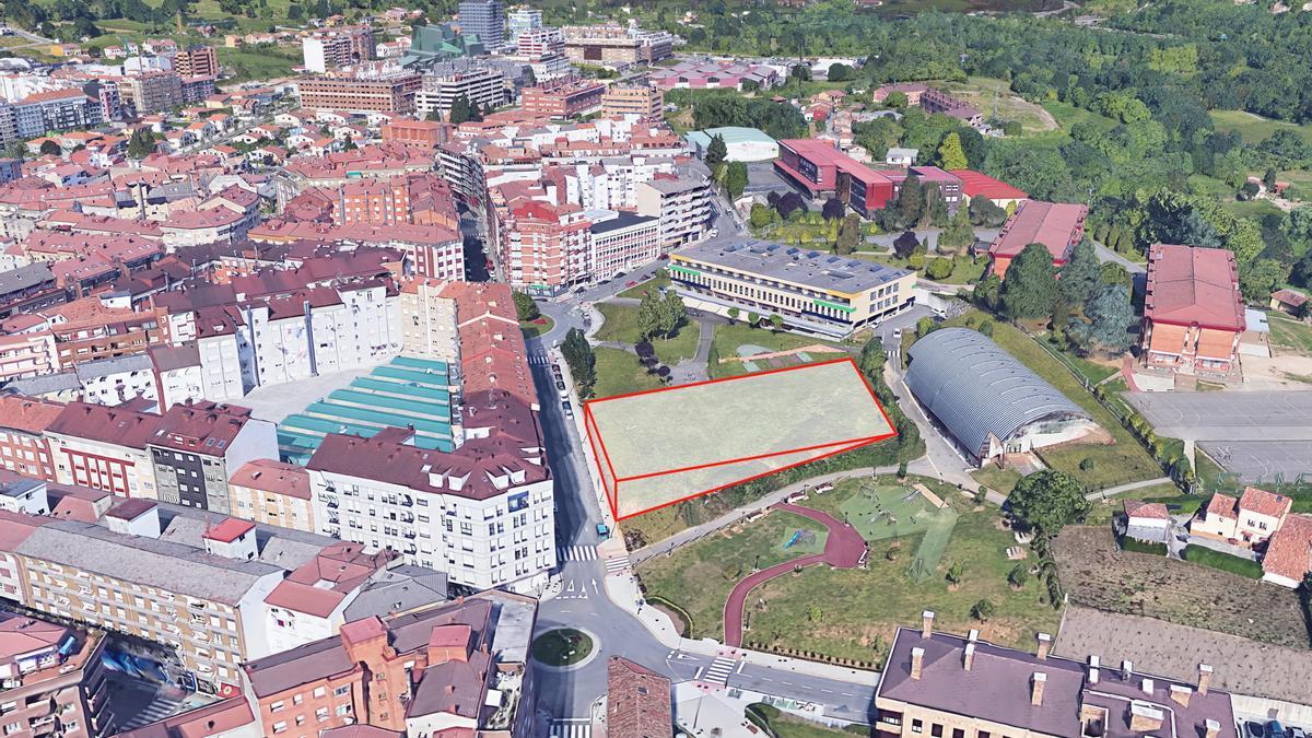 Recreación de la zona de la Pola donde se ubicaría el parking, cuya estructura aparece delineada en rojo.