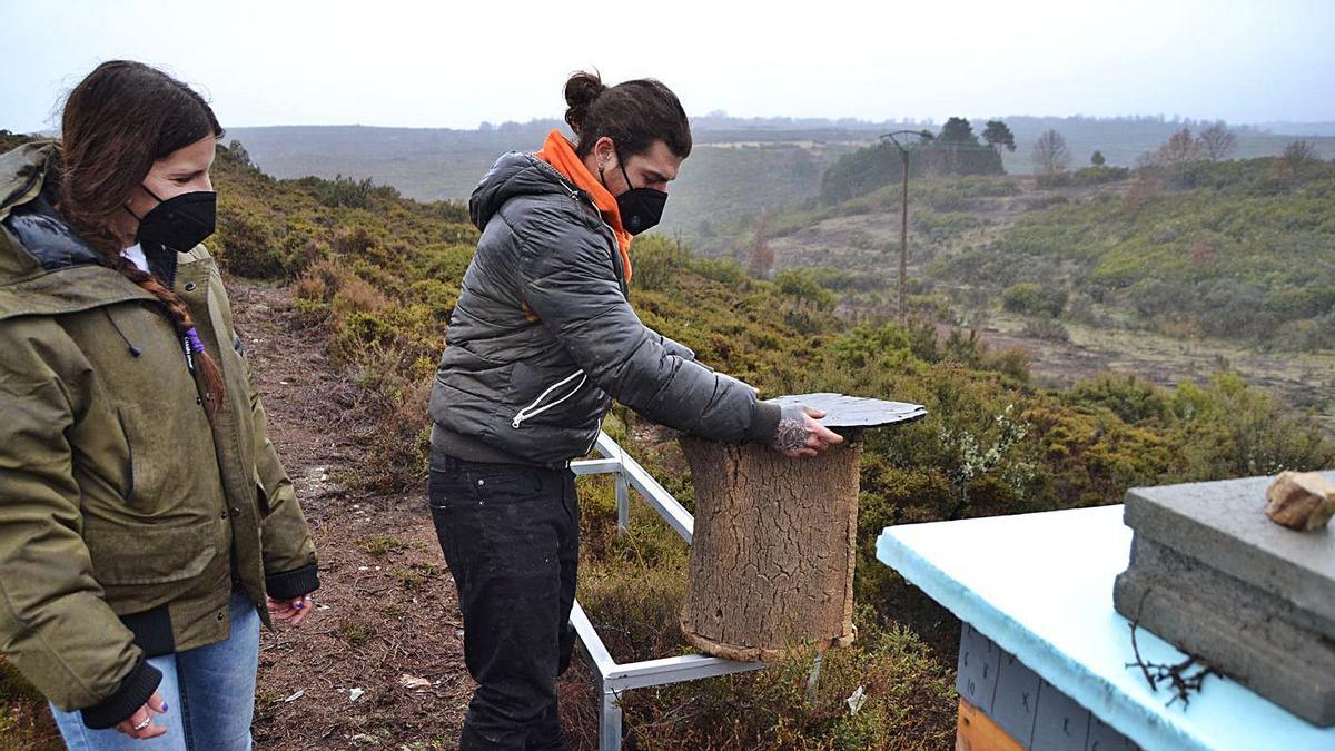 Kevin García recata una colmena de corcho. A la izquierda, la joven Marta Silva. | Araceli Saavedra