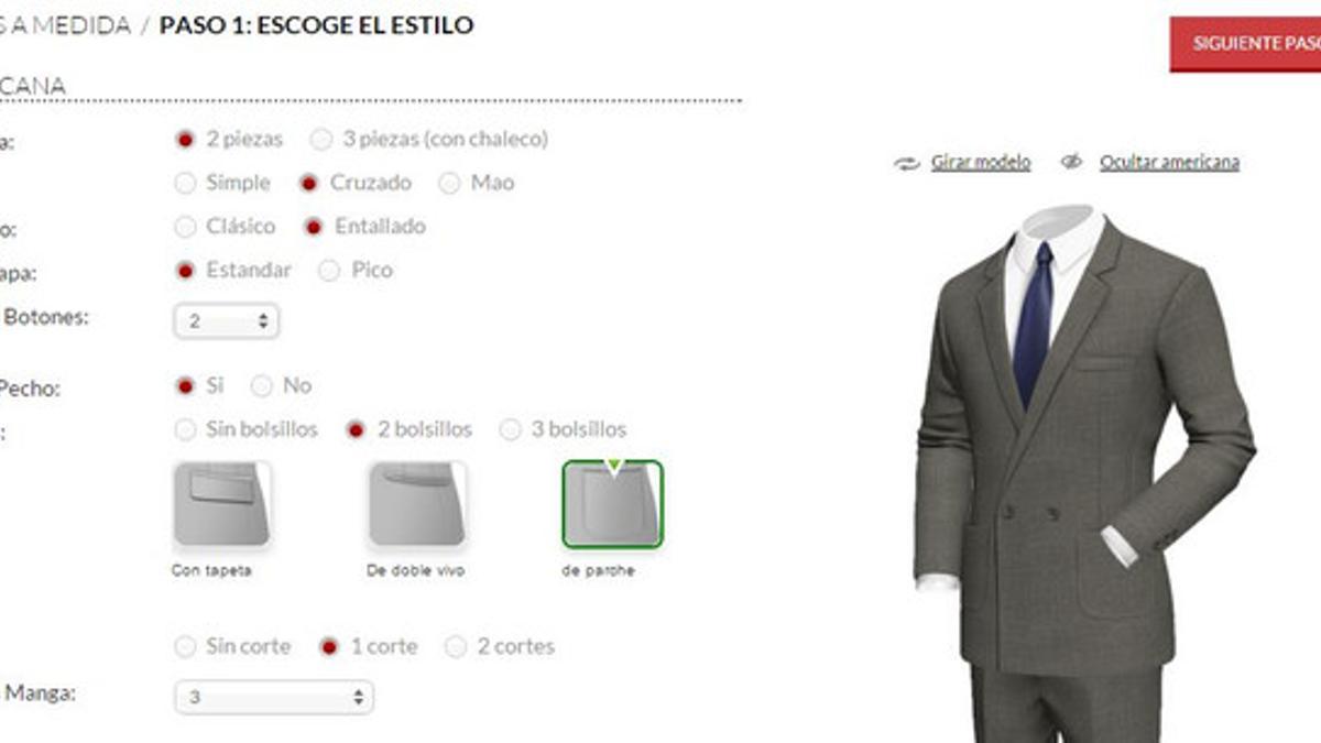 Captura de pantalla del configurador de trajes de la tienda online Tailor 4 less