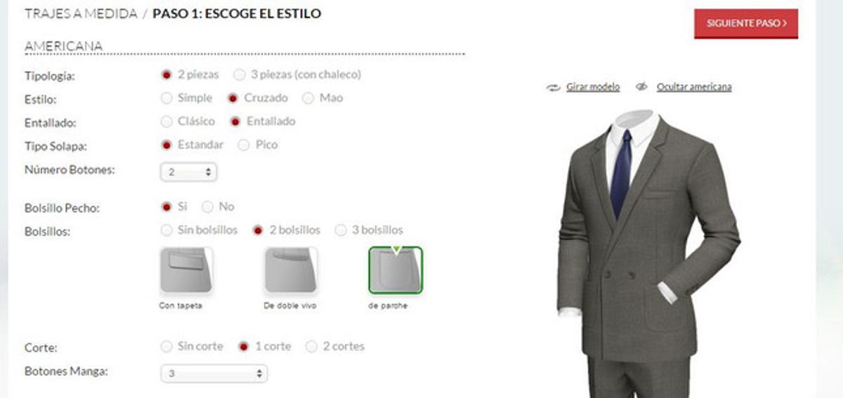 Captura de pantalla del configurador de trajes de la tienda online Tailor 4 less Captura de pantalla del configurador de trajes de la tienda online Tailor 4 less