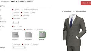 Captura de pantalla del configurador de trajes de la tienda online Tailor 4 less