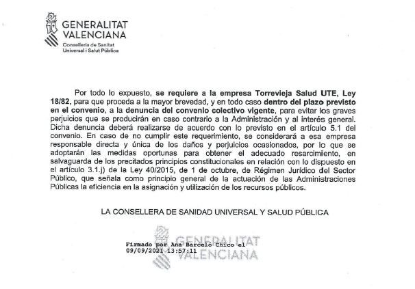 Imagen del escrito remitido por la consellera Ana Barceló a Ribera Salud