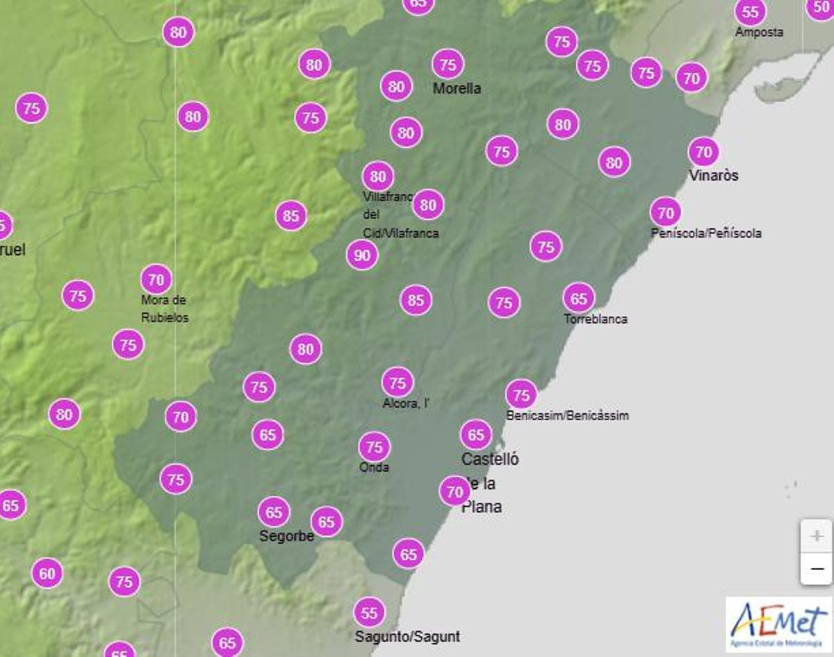 Probabilidad de lluvia en Castellón el lunes entre las 12.00 y las 18.00 horas.