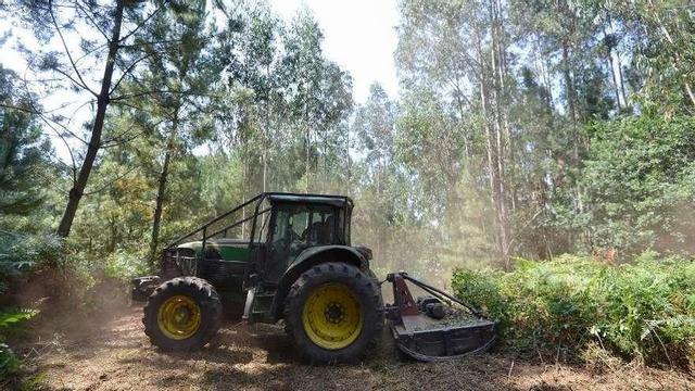 Un hombre desbroza un monte con un tractor entre Meis y Poio. // Gustavo Santos