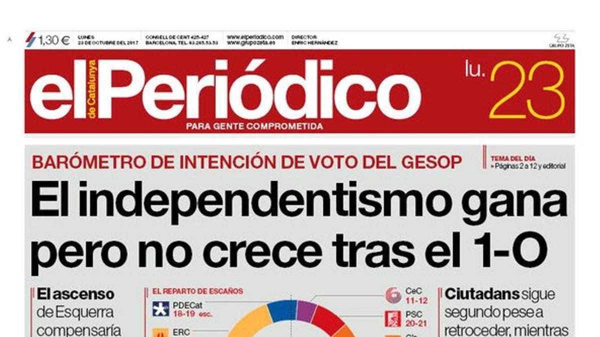 La portada de EL PERIÓDICO del 23 de octubre del 2017.