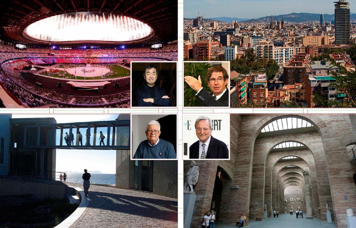 Arriba, a la izquierda, Kengo Kuma y el Estadio Nacional de Tokio que diseñó para los Juegos Olímpicos de 2020; a la derecha, Joan Busquets y una vista de la ciudad vieja de Barcelona cuya reordenación dirigió en los 80; abajo, a la izquierda, César Portela y el Museo del Mar de Vigo que diseñó; a la derecha Rafael Moneo y el Museo Nacional de Arte Romano de Mérida que lleva su sello.