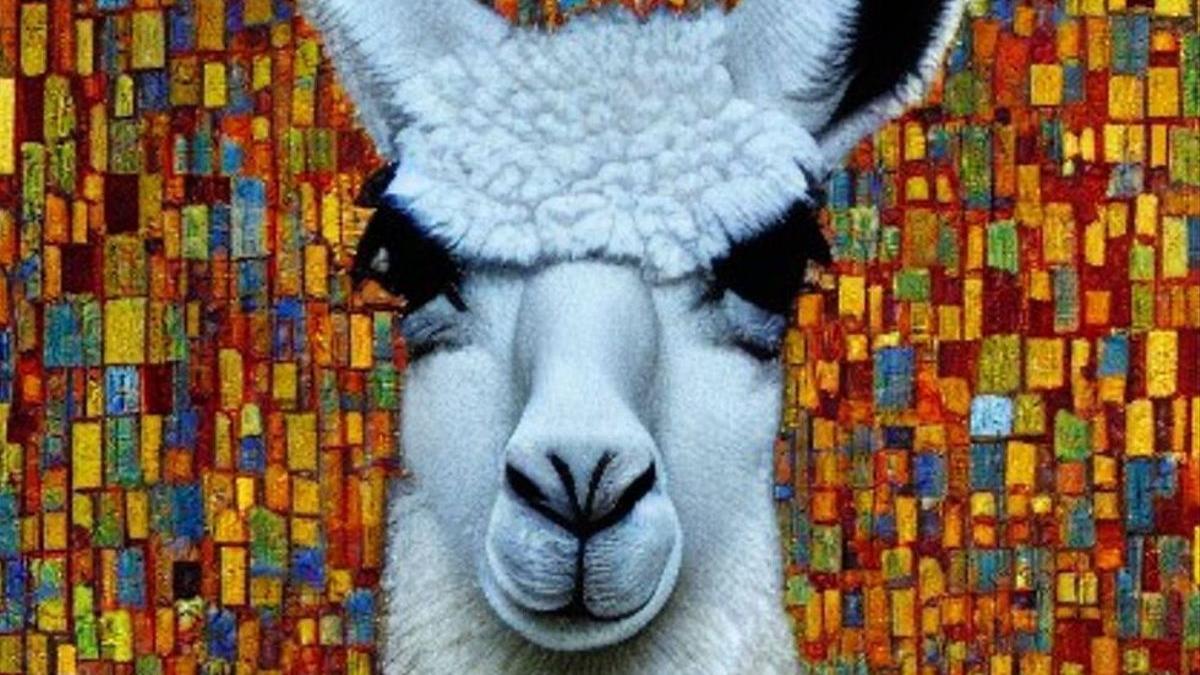 Una llama realista integrada en el estilo de Gustav Klimt según la inteligencia artificial Stable Diffusion.