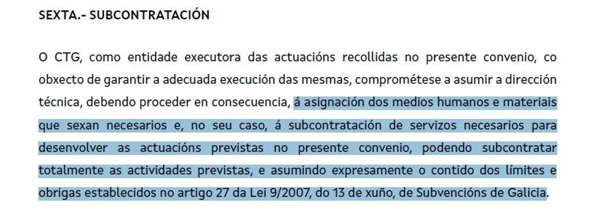 Extracto de un convenio donde consta que el CTG puede subcontratar todos los servicios