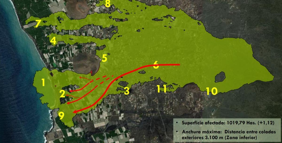 Actualización de la situación de las tres coladas que están alimentando los deltas lávicos en la costa.