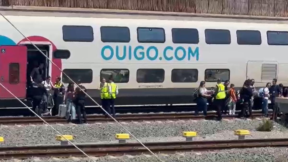 Los pasajaros bajando del tren detenido por el apagón en Alicante.