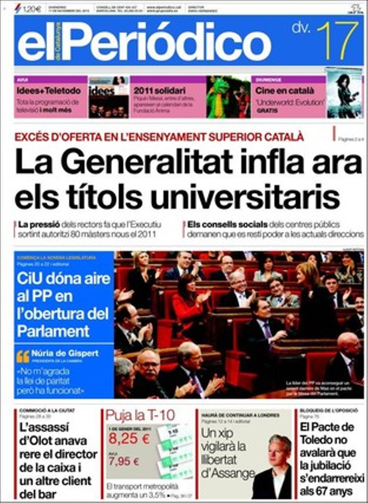 EL {PERIÓDICO} també destaca a dins que amb l’entrada en vigor de la reforma del Codi Penal abans de Nadal els atacs informàtics es pagaran amb la presó si ocasionen un dany greu; les primeres declaracions de la primera presidenta del Parlament, Núria de Gispert --No tothom necessita un cotxe oficial al Parlament-- , que la Universitat de Yale tornarà en pocs mesos el botí que es va prendre al Machu-Picchu, i els acords de la cimera de la UE: el pacte perquè el fons d’ajuda tingui tots els diners que faci falta de forma permanent i que el BCE doblarà a suma destinada a comprar deute.  