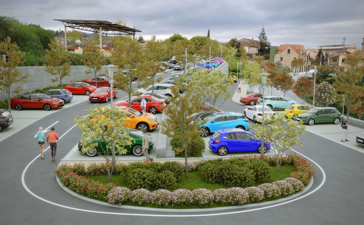 Infografía del futuro parking de Matamá, con sus zonas verdes, aceras y bancos.