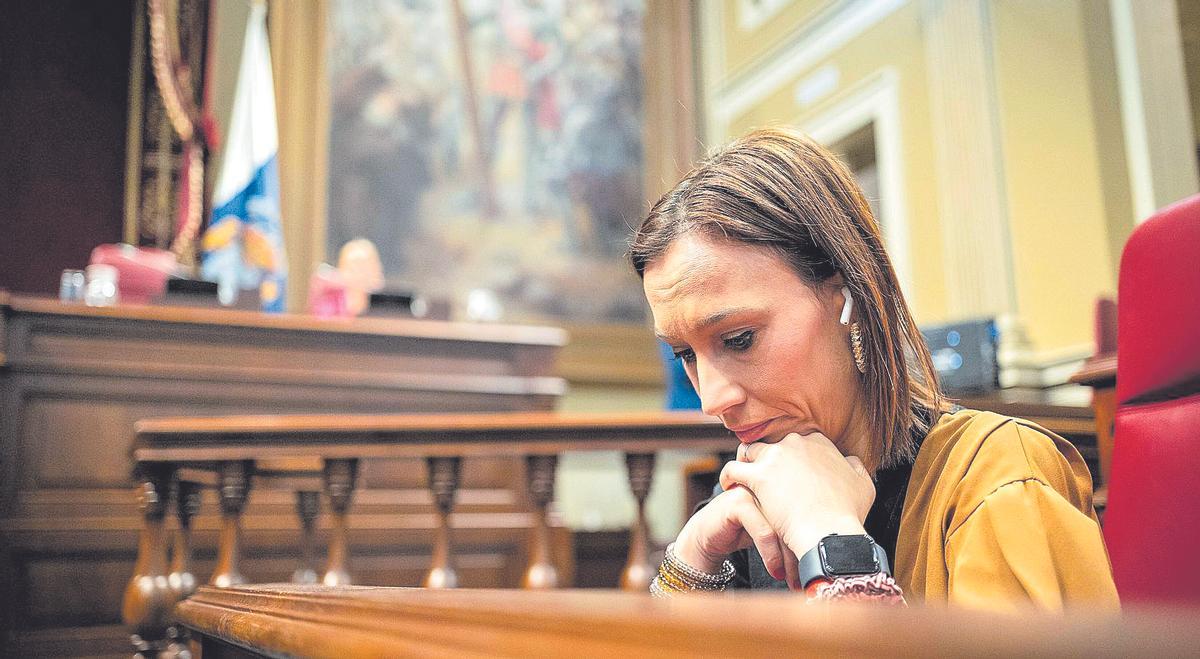 La presidenta del Grupo Socialista Nira Fierro a solas y con los auriculares puestos al inicio del Pleno, ayer.