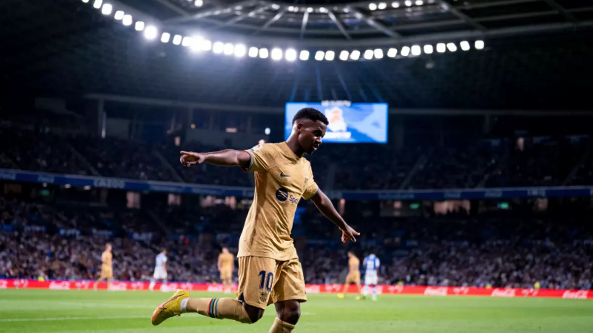 Ansu Fati celebra su gol en Anoeta, el 1-4 del Barça a la Real Sociedad.