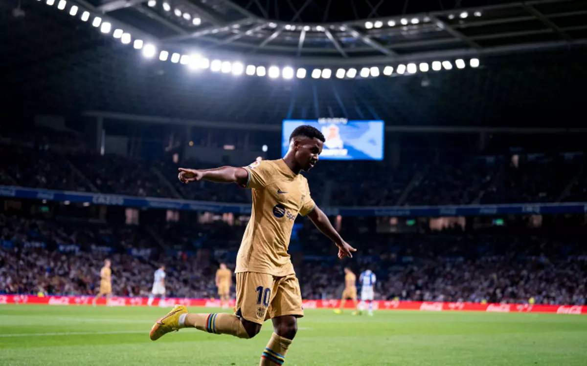 Ansu Fati celebra su gol en Anoeta, el 1-4 del Barça a la Real Sociedad.