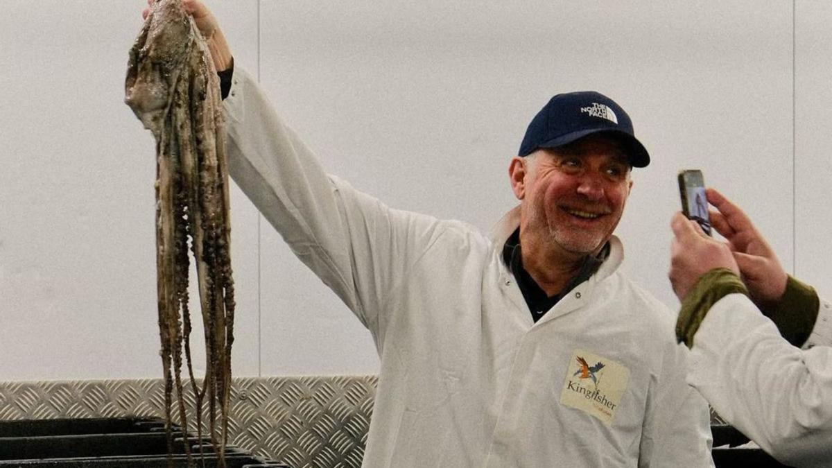 Trabajador del proveedor pesquero Kingfisher Brixham, en  el condado de Devon. A la izquierda, parte de un ejemplar capturado en Devon, a bordo del buque «William of Ladram». |  Kingfisher Brixham / Brixham Fish Market