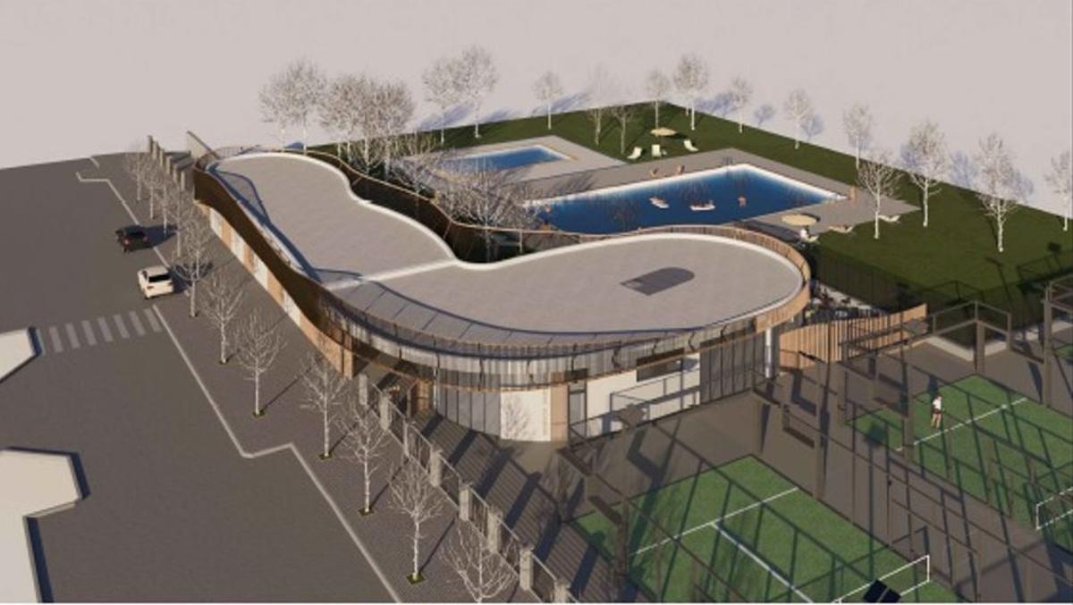 Simulació de com quedarà el recinte de la piscina, amb el nou edifici, el nou vas, i les pistes de pàdel