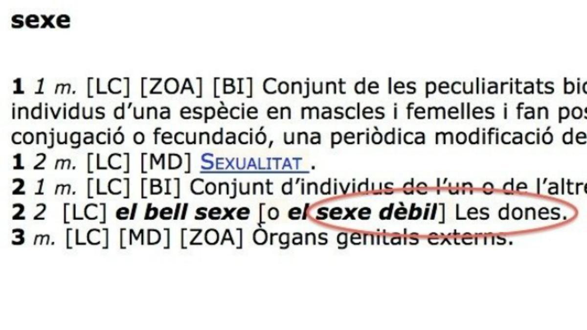 Captura de la definición de &quot;sexe&quot; recogida en el Diccionari de l'Institut d'Estudis Catalans.