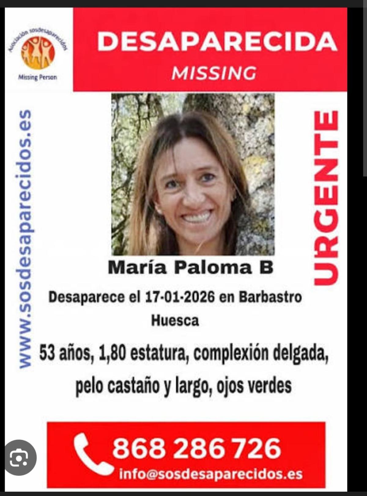 Cartel informativo sobre la desaparición de María Paloma, una vecina de Barbastro de 53 años.