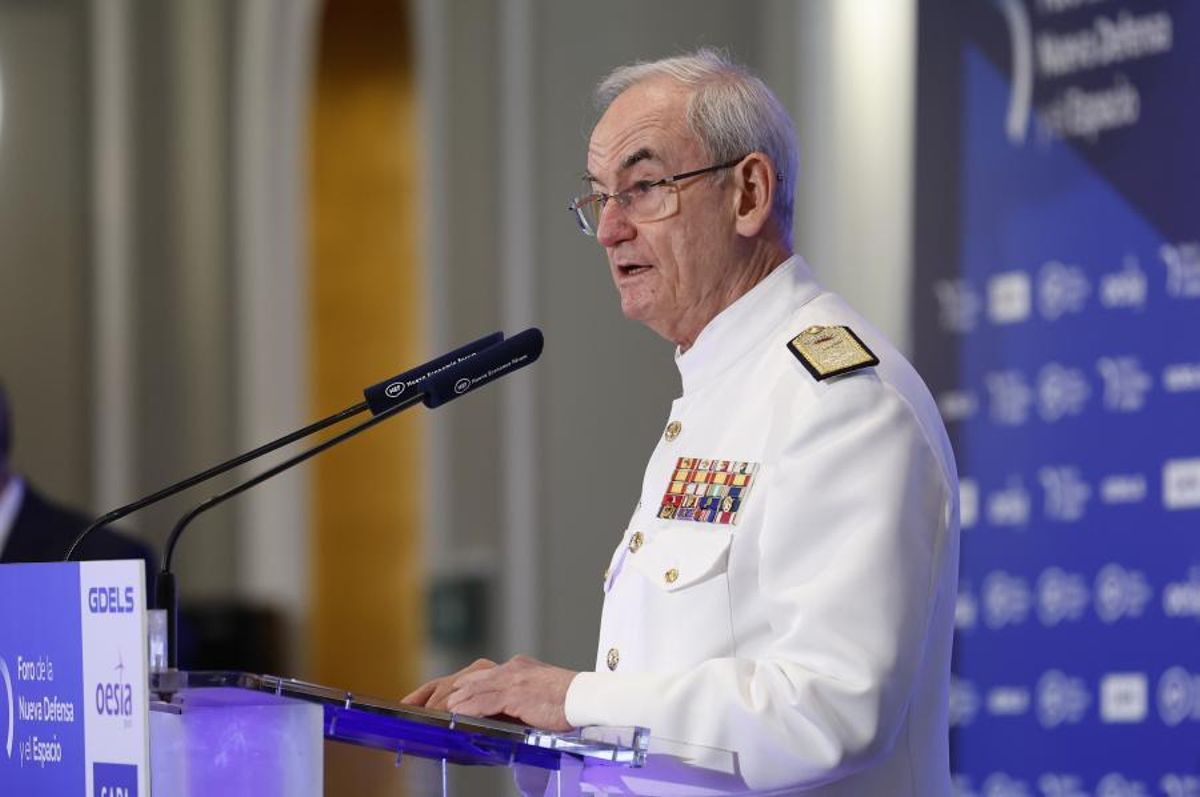 El jefe del Estado Mayor de la Defensa, almirante Teodoro Esteban López Calderón, en un desaryuno en Madrid este miércoles.