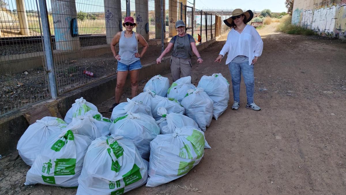 Tres voluntarias, junto a la basura recogida en el arroyo Pedroche en Córdoba.