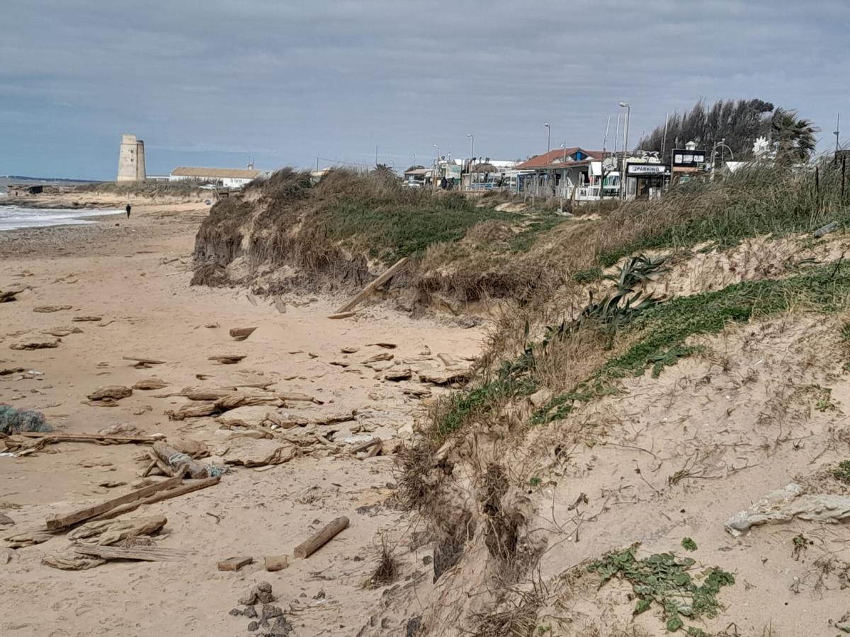 Restos de madera tras los destrozos causados por las borrascas en la playa de El Palmar (Vejer de la Frontera).