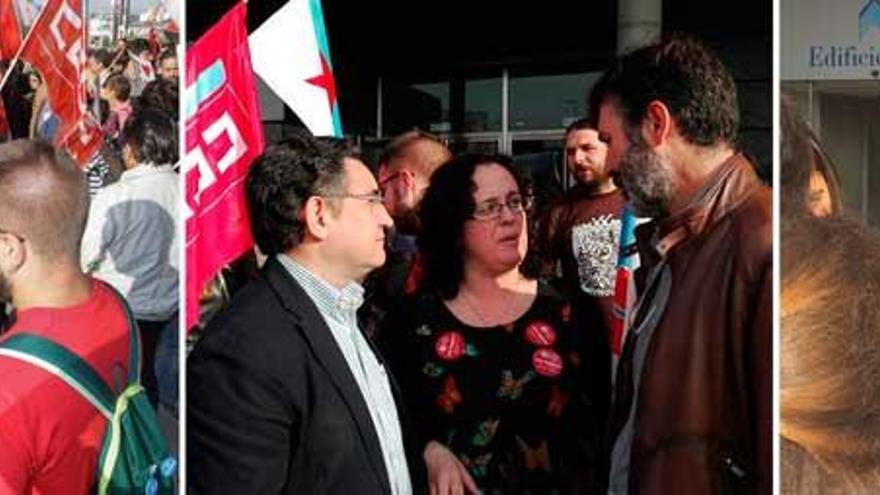 Xulio Ferreiro, José Manuel Dapena y Rosa Gallego en la manifestación de esta mañana.