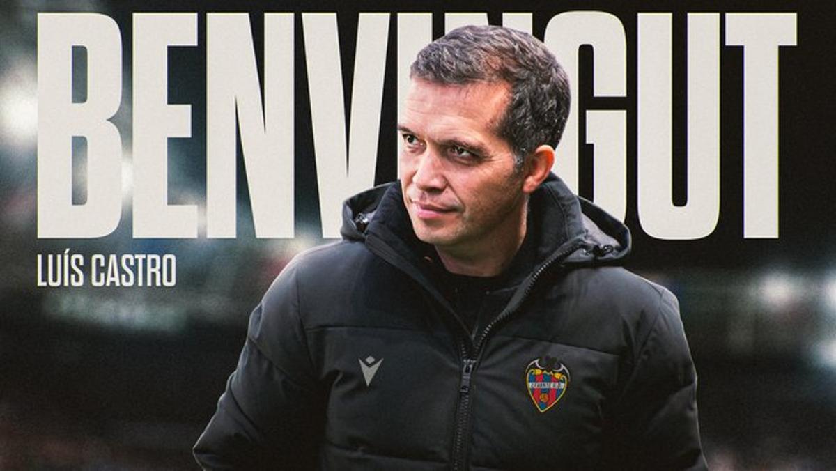 El cartel de bienvenida del Levante UD a su nuevo técnico, el luso Luís Castro