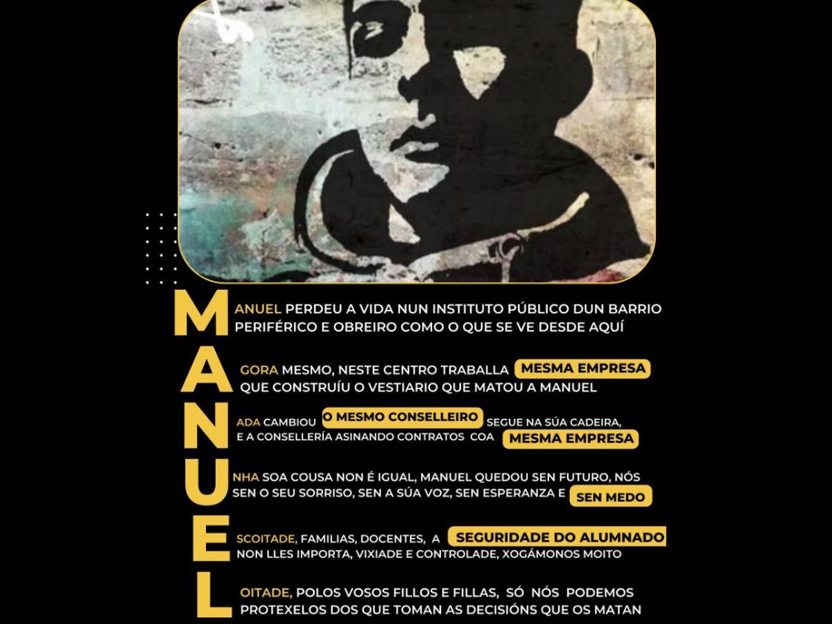 El cartel con la imagen de Manuel y las frases de denuncia.