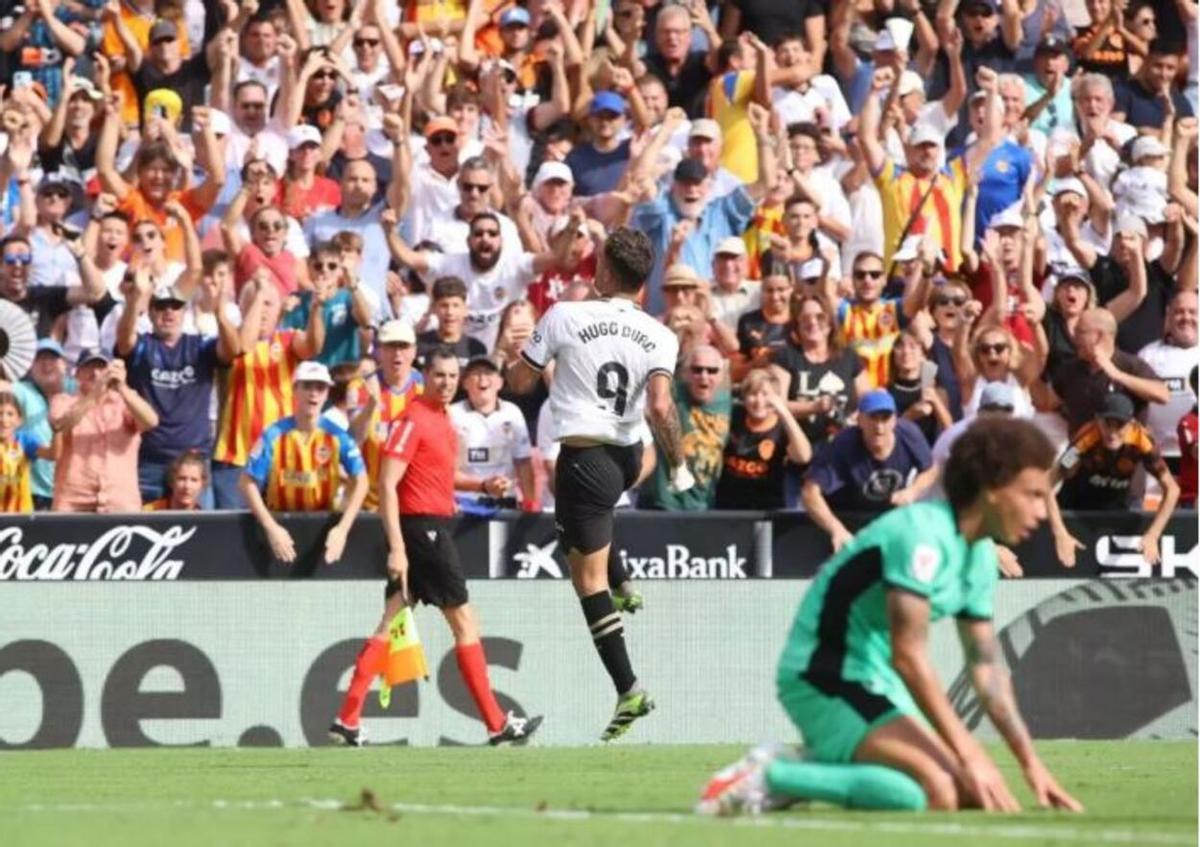 Hugo Duro, en 2023, en la última victoria del Valencia ante el Atlético