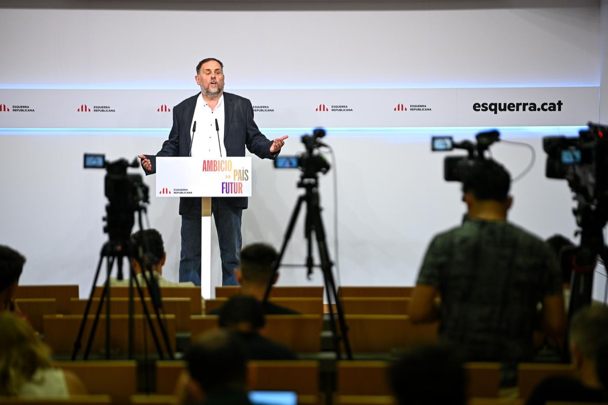 El líder de ERC, Oriol Junqueras, este sábado en rueda de prensa.