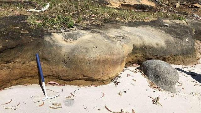 Al bajar el nivel del agua, la playa fósil (en la imagen) quedó a un nivel superior al de la playa actual de arena.