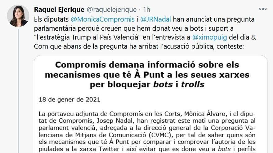 El hilo de Twitter donde la directora de Informativos de À Punt ha respondido a la polémica.