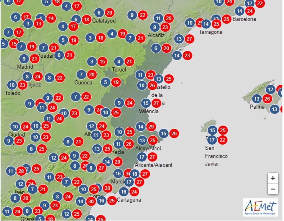 Valores máximos y mínimos para el martes 21 de mayo en la Comunitat Valenciana.