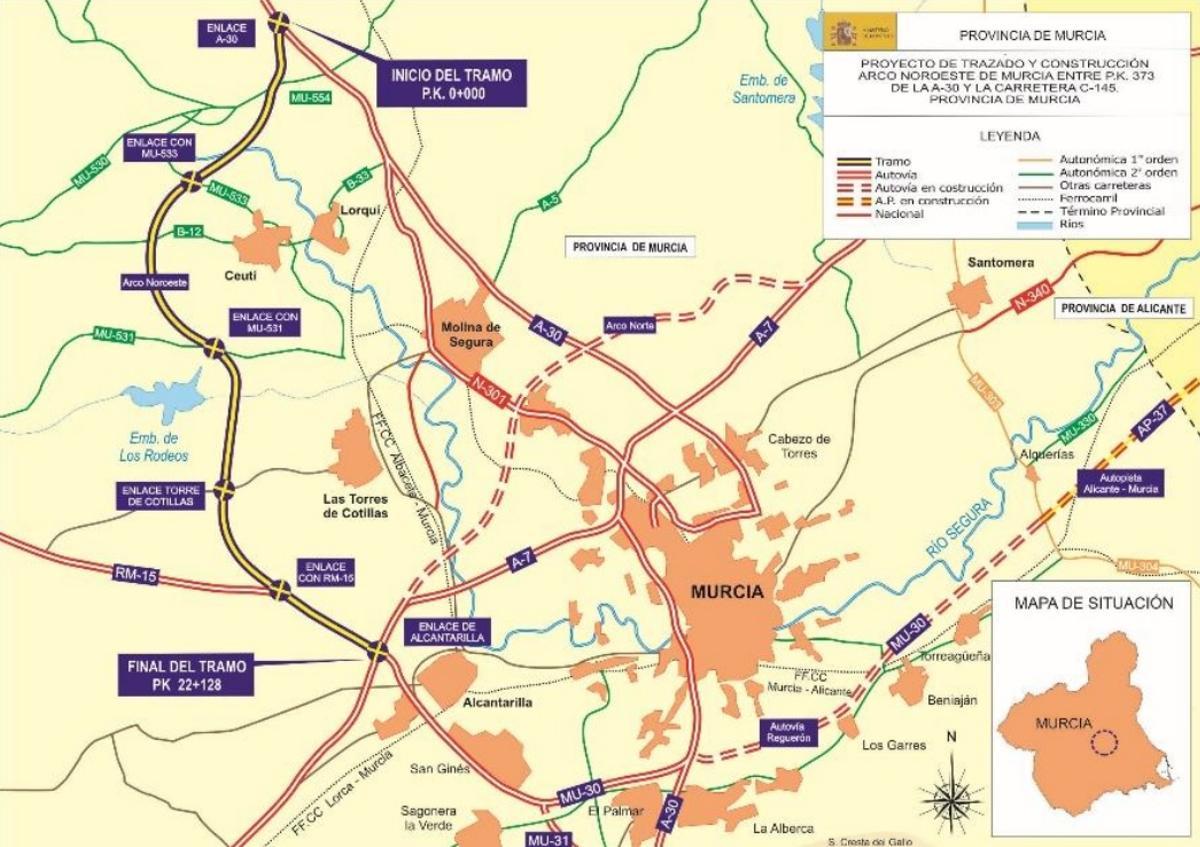 Plano con el trazado del Arco Noroeste y los enlaces que tendrá entre Archena y Alcantarilla.
