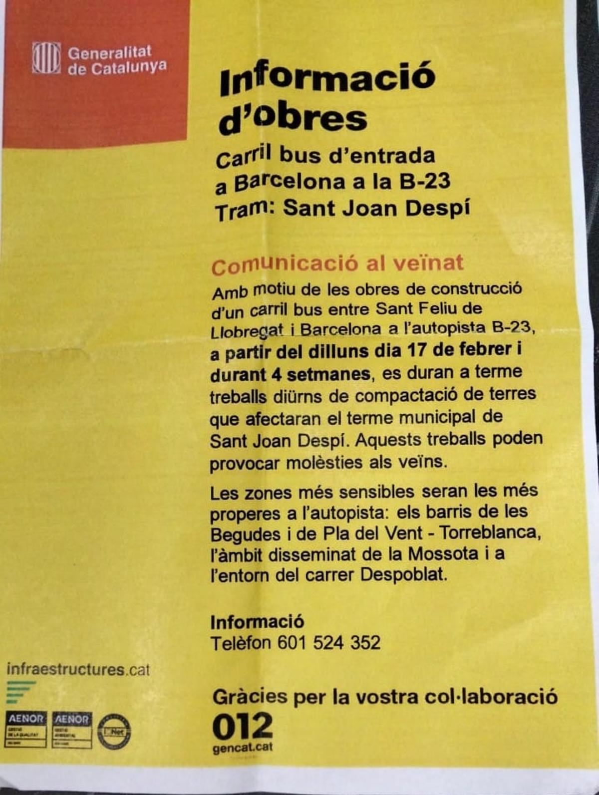 Advertencia de molestias en las obras de la B-23.