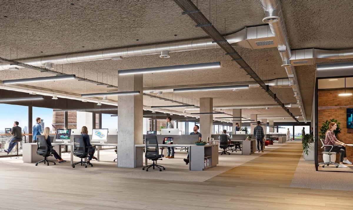 Recreación de las oficinas del edificio de 12 plantas de las Tres Xemeneies, en Barcelona.