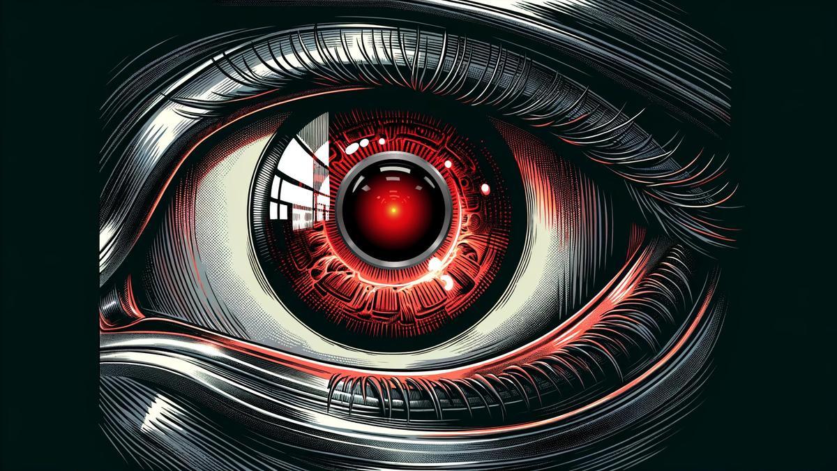 Montaje del icónico &quot;ojo&quot; de HAL9000 en el rostro de un androide en un comic.