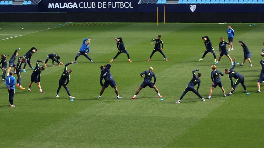 Los jugadores del Málaga realizan estiramientos sobre el césped de La Rosaleda.