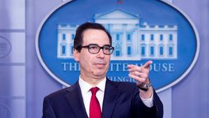 Washington  United States   15 07 2019 - US Treasury Secretary Steven Mnuchin holds a news conference on cryptocurrency regulation  in the James Brady Press Briefing Room of the White House in Washington  DC  USA  15 July 2019  Mnuchin expressed the Treasury department s  very serious concersn  that Libra  a proposed cryptocurrency developed by Facebook  could be misused by money launderers and terrorist financiers  On 11 July 2019 US President Donald J  Trump said that he is not a fan of Cryptocurrencies   Terrorista  Estados Unidos  EFE EPA MICHAEL REYNOLDS