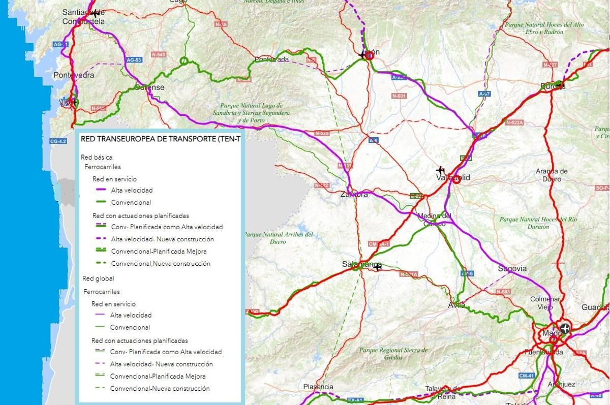 Mapa que figura actualmente en el visor de la Red Transeuropea de Transportes, con la Ruta de la Plata prevista