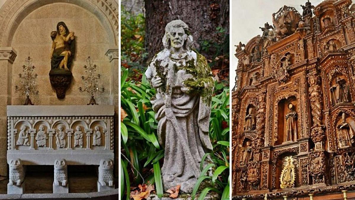 Sarcófago de la capilla que mandó labrar Emilia Pardo Bazán, escultura de los jardines que representa a San Andrés y el retablo que los Franco solicitan retirar.