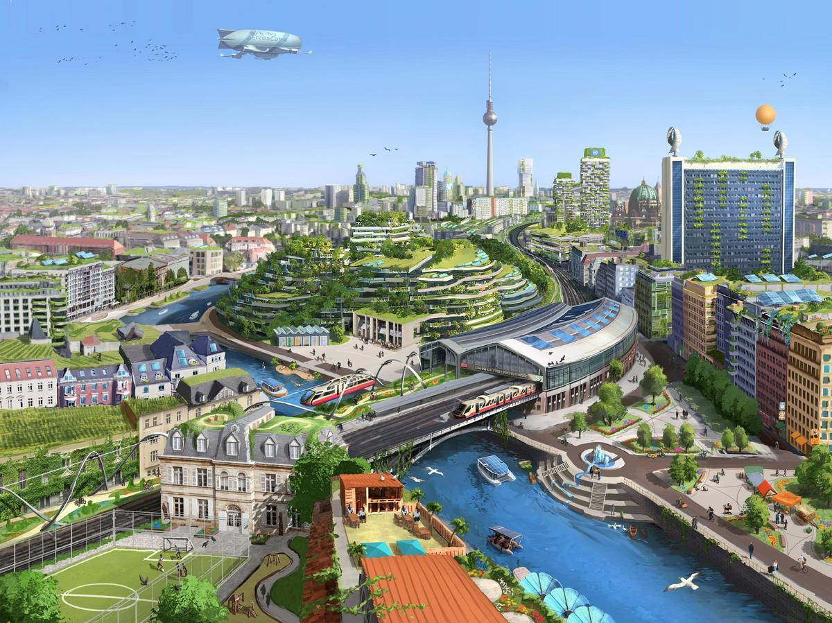 Representación artística de una Berlín solarpunk.